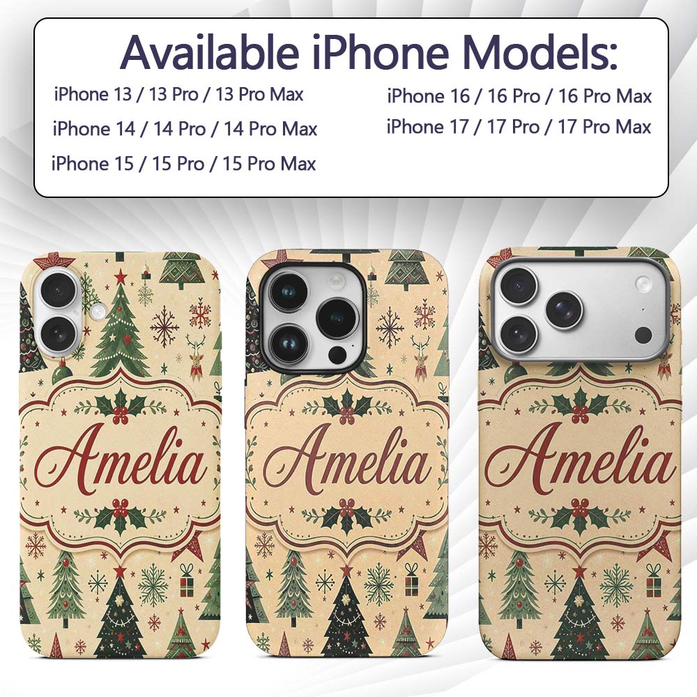 Christmas Trees Stars Snowflakes Holiday Seamless Custom Name Protective Phone Case Mobile Cover Durable Everyday Smartphone Shock Resistant