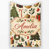 Vintage Christmas Trees Gifts Baubles Candy Cane Festive Seamless  Personalised Custom Name Super Soft Fleece Blanket Bed Sofa Throw
