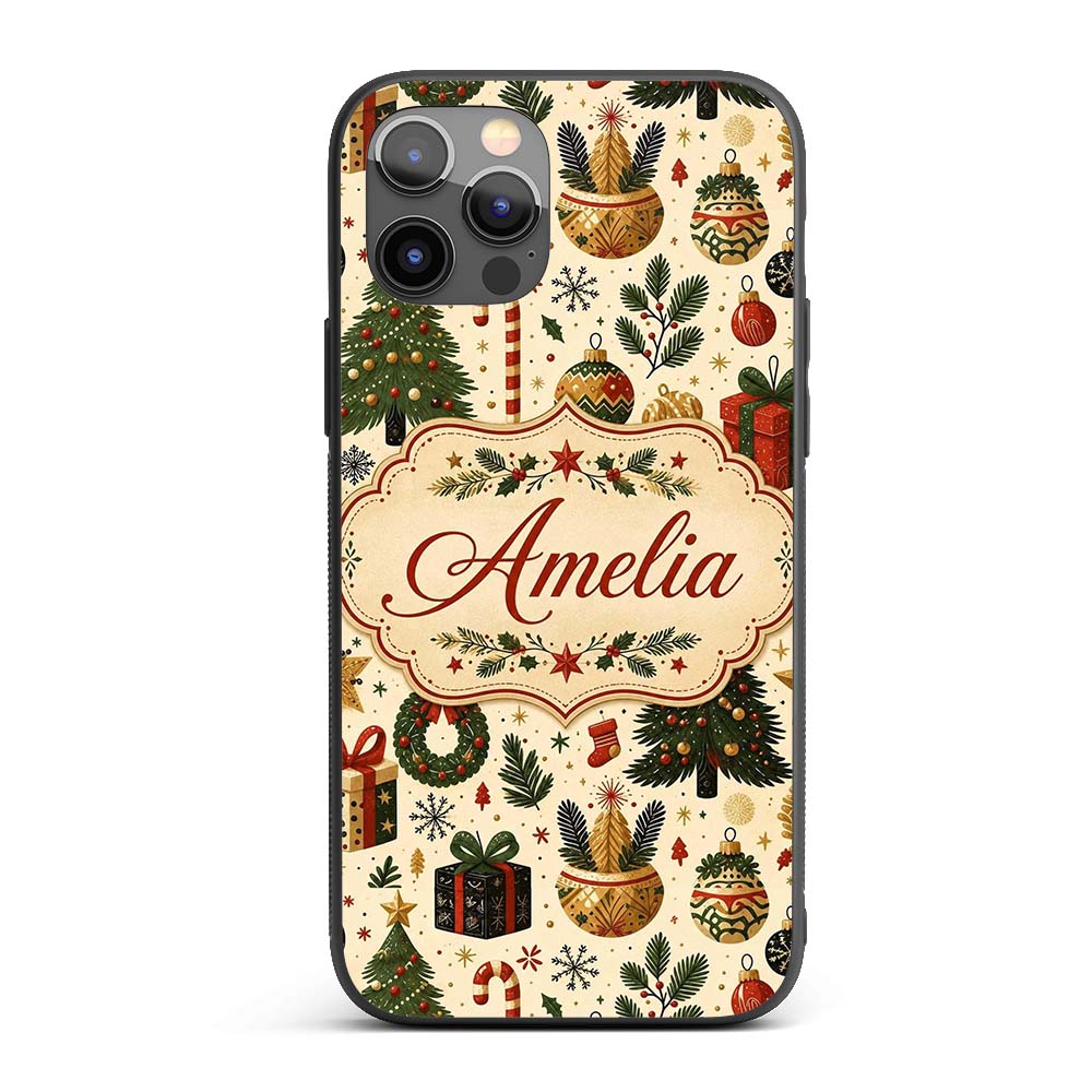 Vintage Christmas Trees Gifts Baubles Candy Cane Custom Name Protective Phone Case Mobile Cover Durable Everyday Smartphone Shock Resistant
