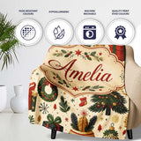 Vintage Christmas Trees Gifts Baubles Candy Cane Festive Seamless  Personalised Custom Name Super Soft Fleece Blanket Bed Sofa Throw