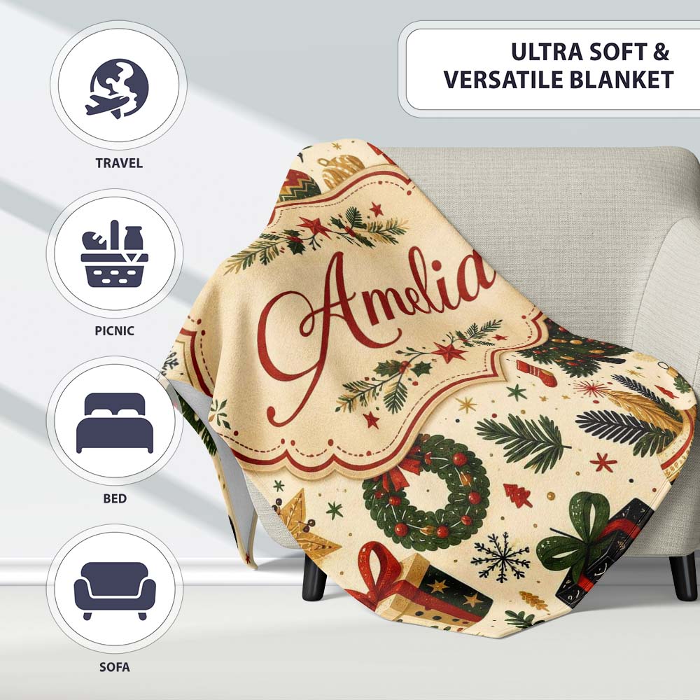 Vintage Christmas Trees Gifts Baubles Candy Cane Festive Seamless  Personalised Custom Name Super Soft Fleece Blanket Bed Sofa Throw