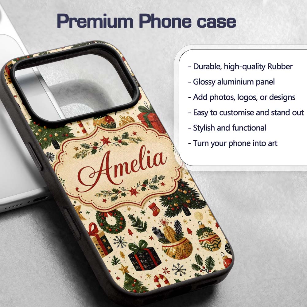 Vintage Christmas Trees Gifts Baubles Candy Cane Custom Name Protective Phone Case Mobile Cover Durable Everyday Smartphone Shock Resistant