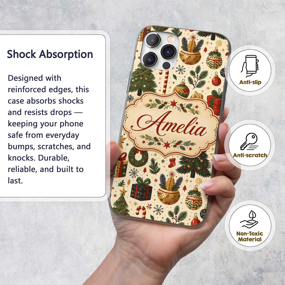 Vintage Christmas Trees Gifts Baubles Candy Cane Custom Name Protective Phone Case Mobile Cover Durable Everyday Smartphone Shock Resistant