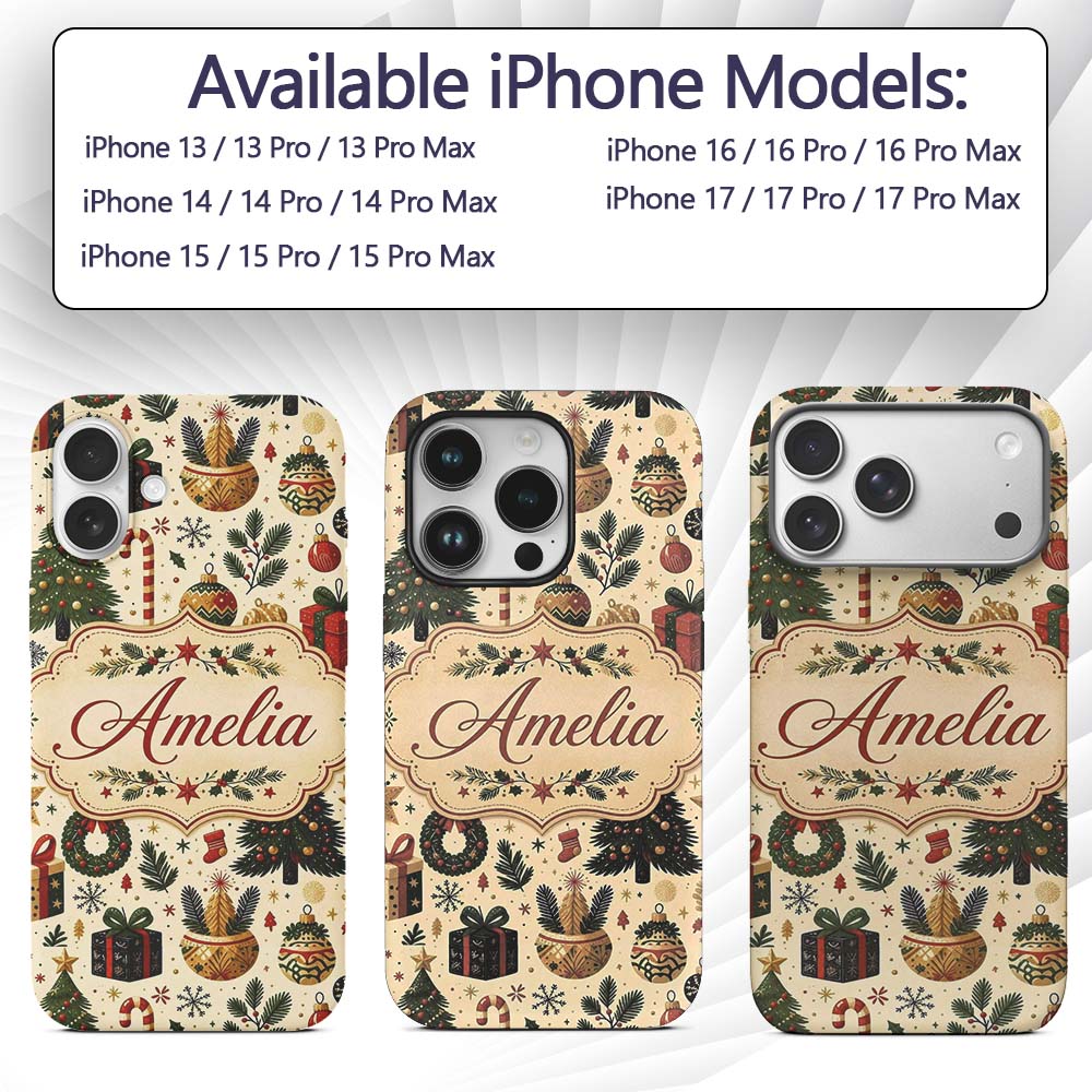 Vintage Christmas Trees Gifts Baubles Candy Cane Custom Name Protective Phone Case Mobile Cover Durable Everyday Smartphone Shock Resistant