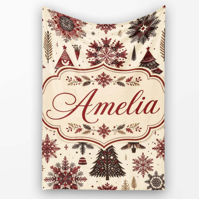 Red Black Nordic Christmas Trees Snowflakes Winter Seamless Pattern  Personalised Custom Name Super Soft Fleece Blanket Bed Sofa Throw