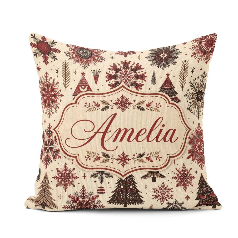 Custom Name Red Black Nordic Christmas Trees Snowflakes Seamless Square Filled Cushion Throw Pillow Sofa Bed Home Decor Zip Washable UK Made