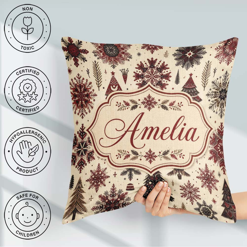 Custom Name Red Black Nordic Christmas Trees Snowflakes Seamless Square Filled Cushion Throw Pillow Sofa Bed Home Decor Zip Washable UK Made