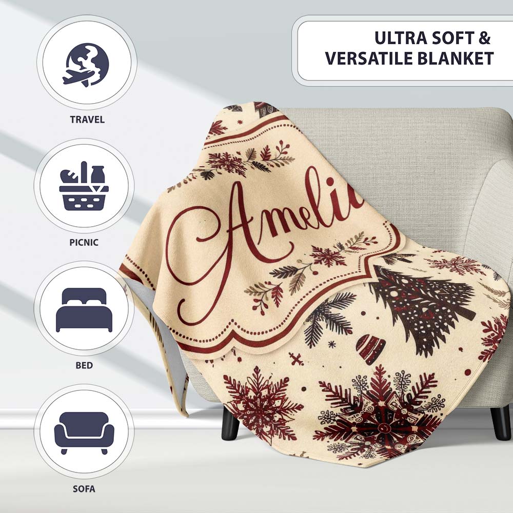 Red Black Nordic Christmas Trees Snowflakes Winter Seamless Pattern  Personalised Custom Name Super Soft Fleece Blanket Bed Sofa Throw