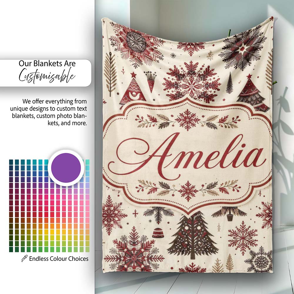 Red Black Nordic Christmas Trees Snowflakes Winter Seamless Pattern  Personalised Custom Name Super Soft Fleece Blanket Bed Sofa Throw