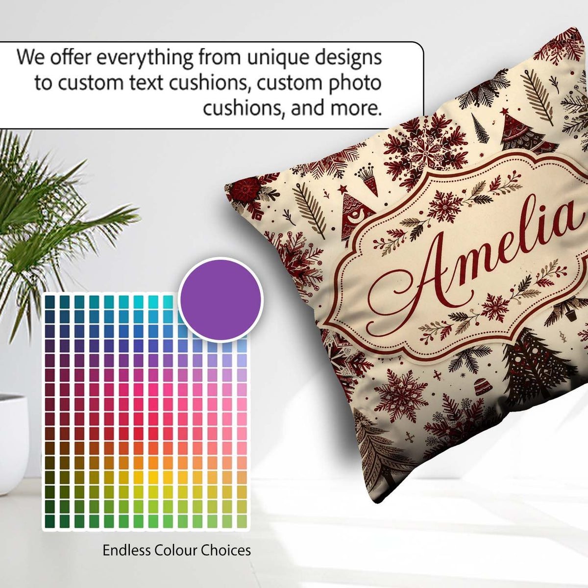 Custom Name Red Black Nordic Christmas Trees Snowflakes Seamless Square Filled Cushion Throw Pillow Sofa Bed Home Decor Zip Washable UK Made