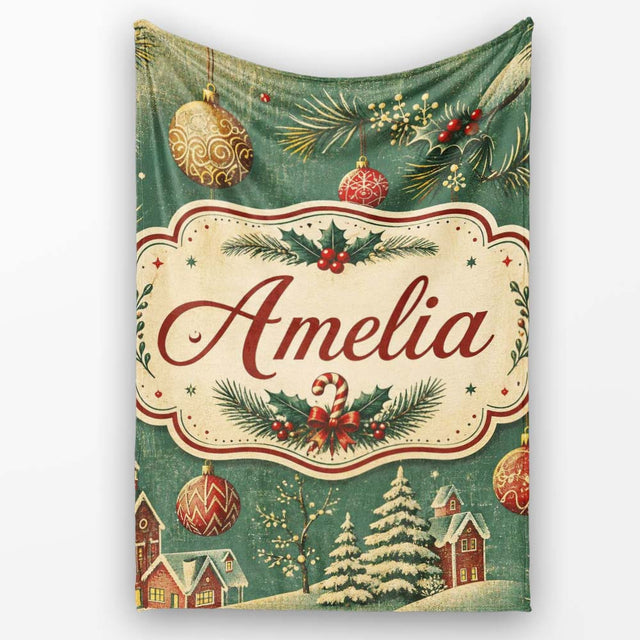 Classic Christmas Ornaments Holly Candy Cane Pine Branch Seamless  Personalised Custom Name Super Soft Fleece Blanket Bed Sofa Throw
