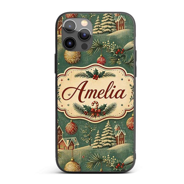 Classic Christmas Ornaments Holly Candy Cane Pine Custom Name Protective Phone Case Mobile Cover Durable Everyday Smartphone Shock Resistant