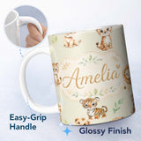Personalized Custom Name Cute Baby Jungle Animals with Leaves on Light Olive Background 11oz Ceramic Coffee Tea Mug White Large Handle