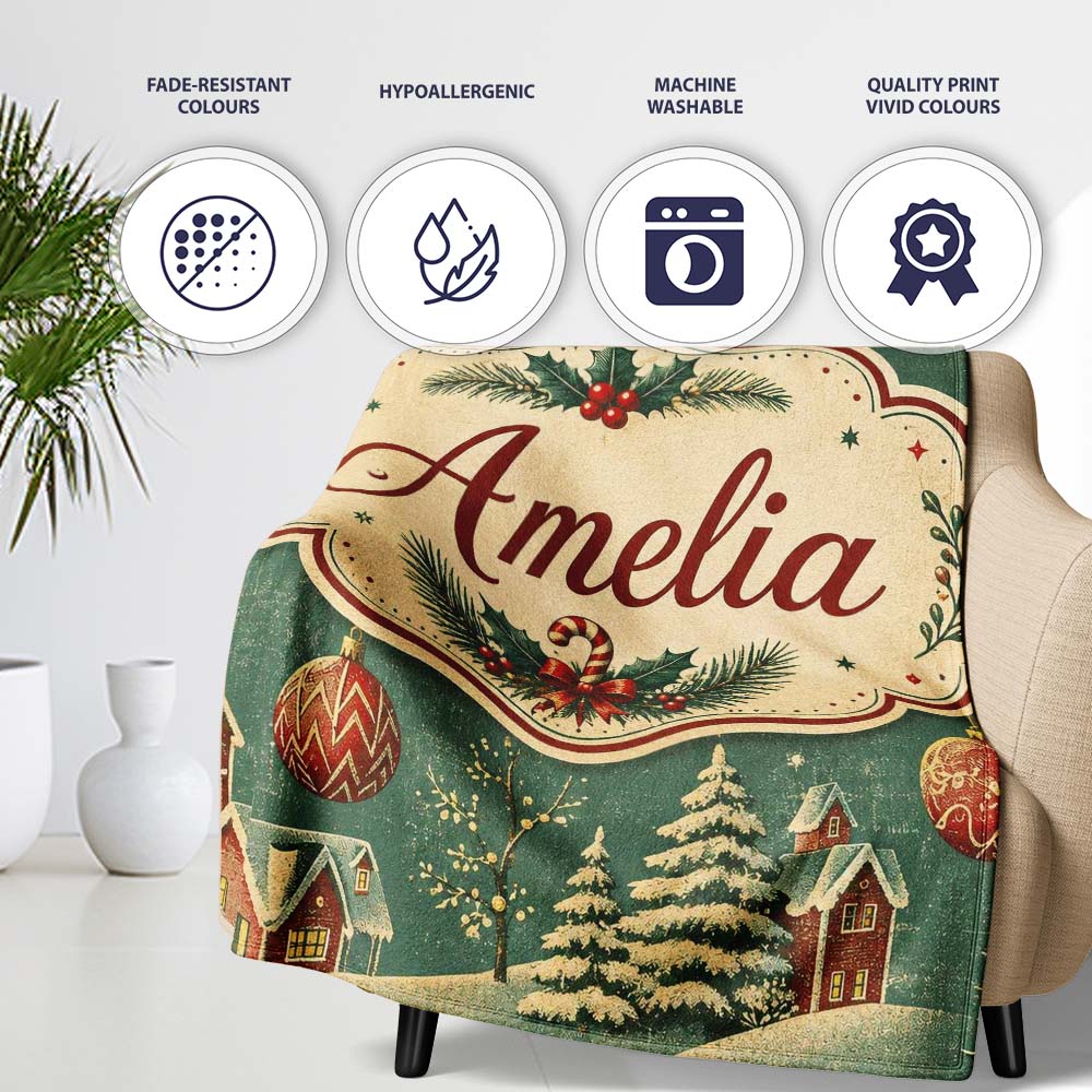 Classic Christmas Ornaments Holly Candy Cane Pine Branch Seamless  Personalised Custom Name Super Soft Fleece Blanket Bed Sofa Throw