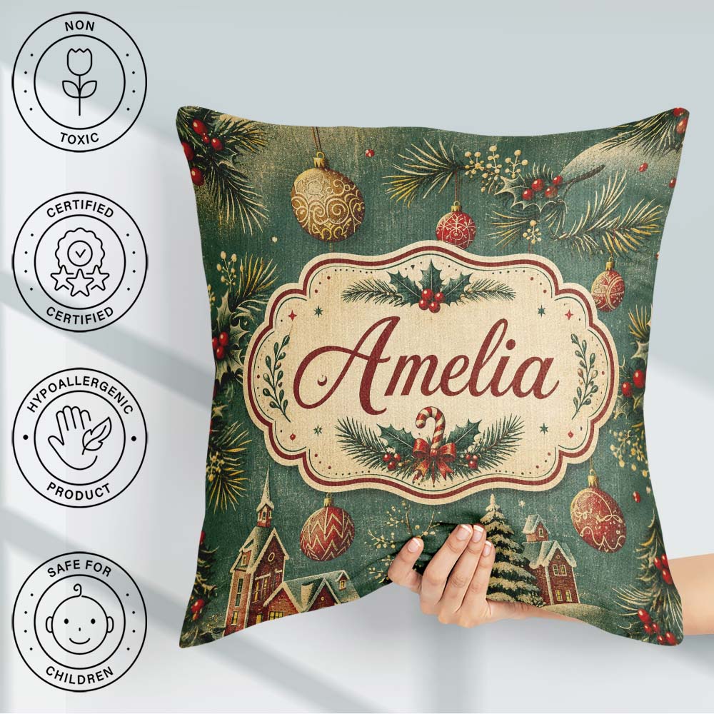 Custom Name Classic Christmas Ornaments Holly Cane Pine Seamless Square Filled Cushion Throw Pillow Sofa Bed Home Decor Zip Washable UK Made