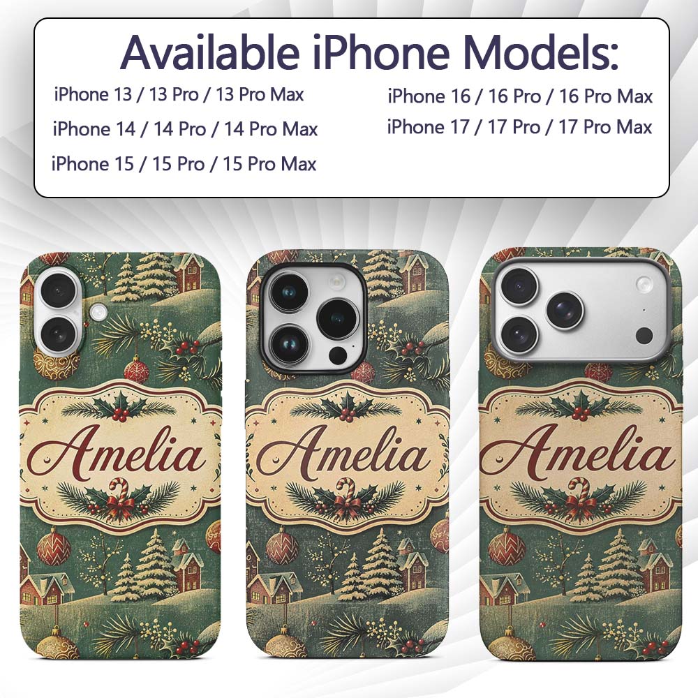 Classic Christmas Ornaments Holly Candy Cane Pine Custom Name Protective Phone Case Mobile Cover Durable Everyday Smartphone Shock Resistant