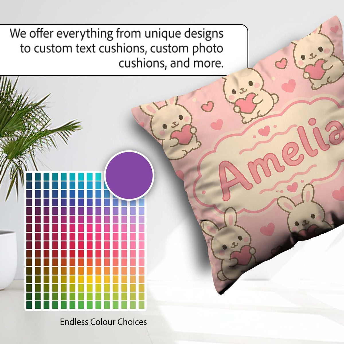 Custom Name Cute Bunny Heart Cartoon Animal Pattern Perfect for Square Filled Cushion Throw Pillow Sofa Bed Home Decor Zip Washable UK Made