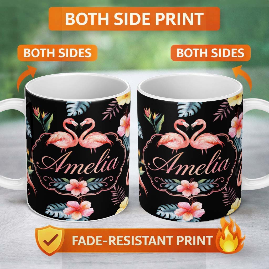 Personalized Custom Name Elegant Pink Flamingos Tropical Flowers on Black Background Seamless 11oz Ceramic Coffee Tea Mug White Large Handle