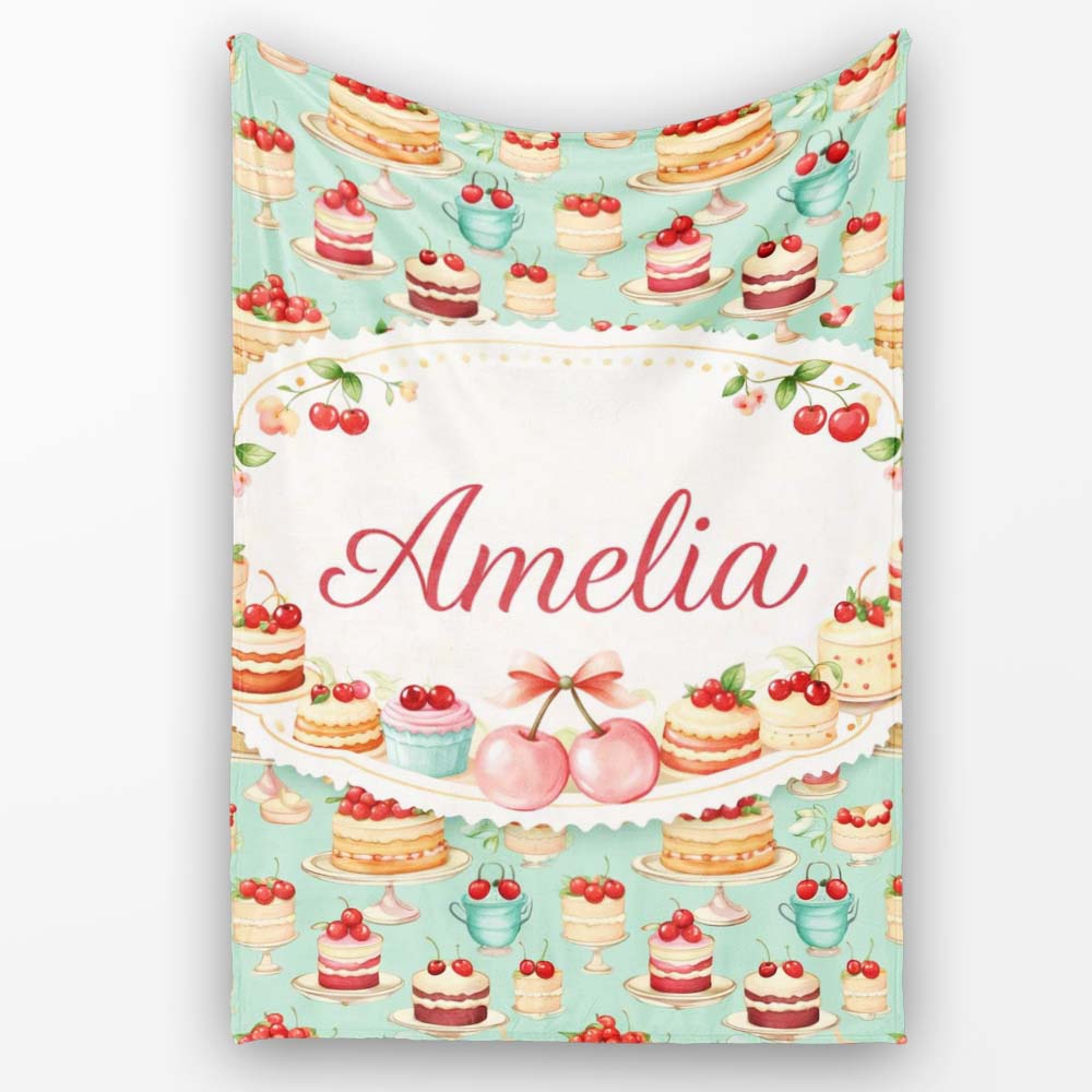Cherry Chocolate Cake Seamless Teal Background Dessert Sweet Food  Personalised Custom Name Super Soft Fleece Blanket Bed Sofa Throw