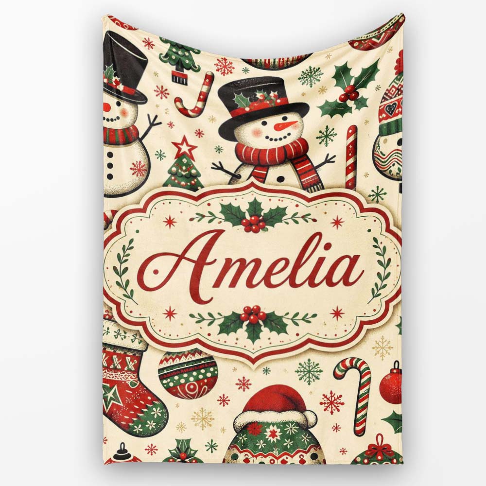Cute Snowman Christmas Trees Candy Cane Winter Seamless Pattern  Personalised Custom Name Super Soft Fleece Blanket Bed Sofa Throw