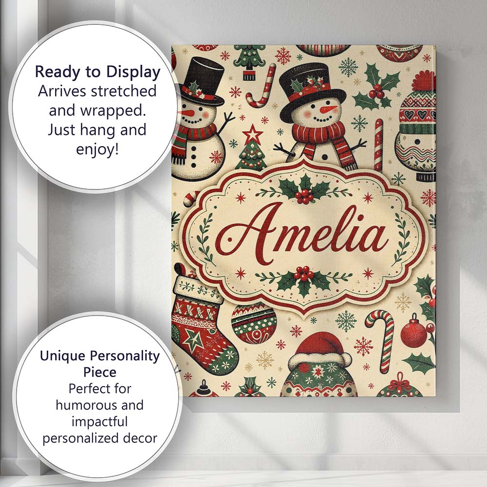 Personalised Name Cute Snowman Christmas Custom  Unique Gift Idea Elegant Feature Canvas Wall Art Print Decor Picture Ready to Hang