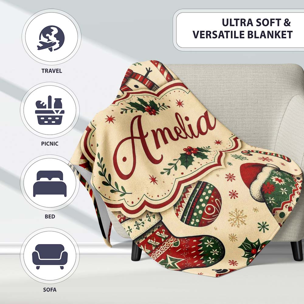 Cute Snowman Christmas Trees Candy Cane Winter Seamless Pattern  Personalised Custom Name Super Soft Fleece Blanket Bed Sofa Throw