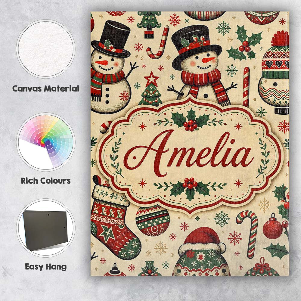 Personalised Name Cute Snowman Christmas Custom  Unique Gift Idea Elegant Feature Canvas Wall Art Print Decor Picture Ready to Hang