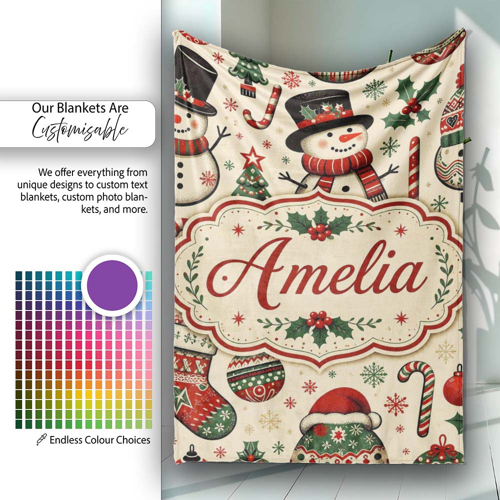 Cute Snowman Christmas Trees Candy Cane Winter Seamless Pattern  Personalised Custom Name Super Soft Fleece Blanket Bed Sofa Throw