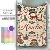 Cute Snowman Christmas Trees Candy Cane Winter Seamless Pattern  Personalised Custom Name Super Soft Fleece Blanket Bed Sofa Throw