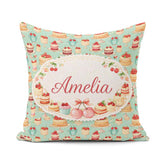 Custom Name Cherry Chocolate Cake Seamless Teal Background Sweet Square Filled Cushion Throw Pillow Sofa Bed Home Decor Zip Washable UK Made
