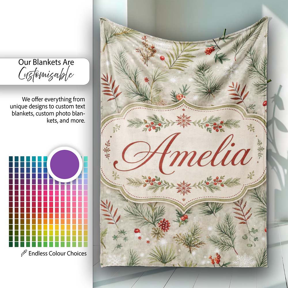 Minimal Winter Botanical Pine Branch Berries Seamless Pattern Lovely  Personalised Custom Name Super Soft Fleece Blanket Bed Sofa Throw