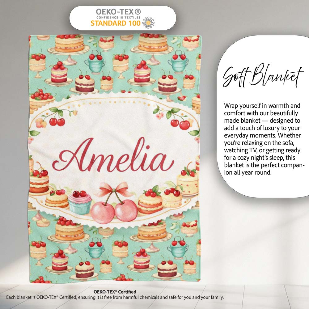 Cherry Chocolate Cake Seamless Teal Background Dessert Sweet Food  Personalised Custom Name Super Soft Fleece Blanket Bed Sofa Throw