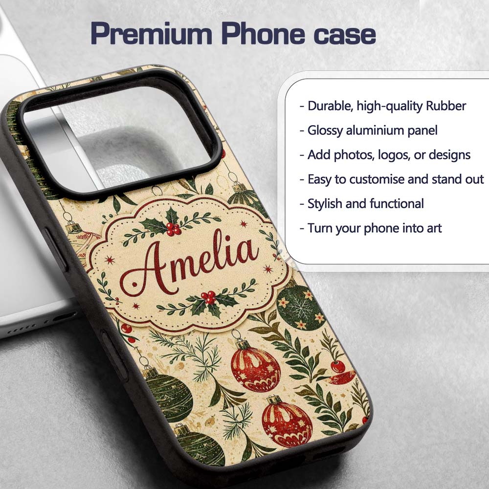 Vintage Christmas Baubles Holly Leaves Botanical Custom Name Protective Phone Case Mobile Cover Durable Everyday Smartphone Shock Resistant