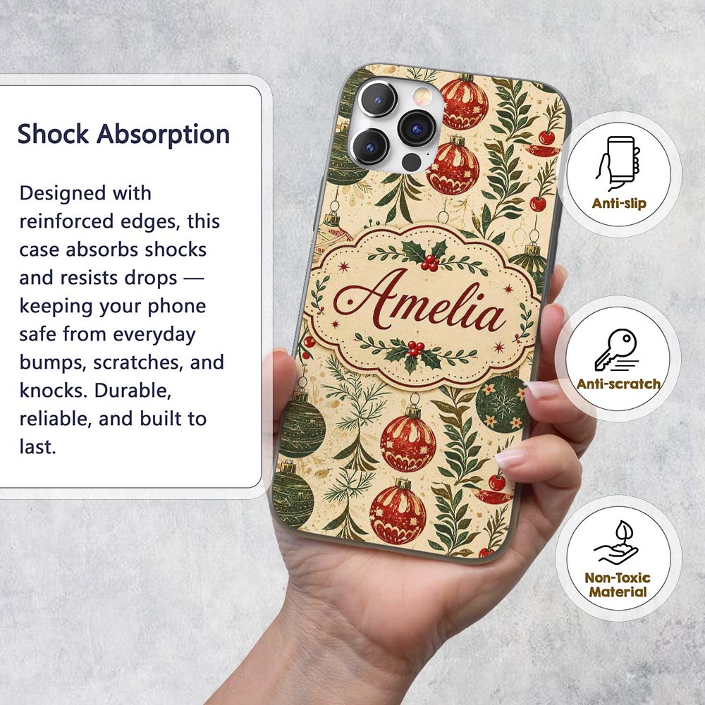 Vintage Christmas Baubles Holly Leaves Botanical Custom Name Protective Phone Case Mobile Cover Durable Everyday Smartphone Shock Resistant
