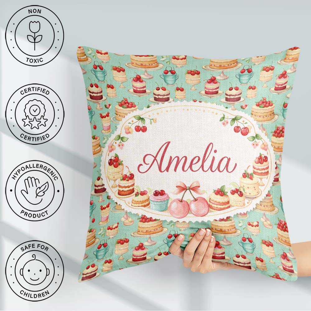 Custom Name Cherry Chocolate Cake Seamless Teal Background Sweet Square Filled Cushion Throw Pillow Sofa Bed Home Decor Zip Washable UK Made