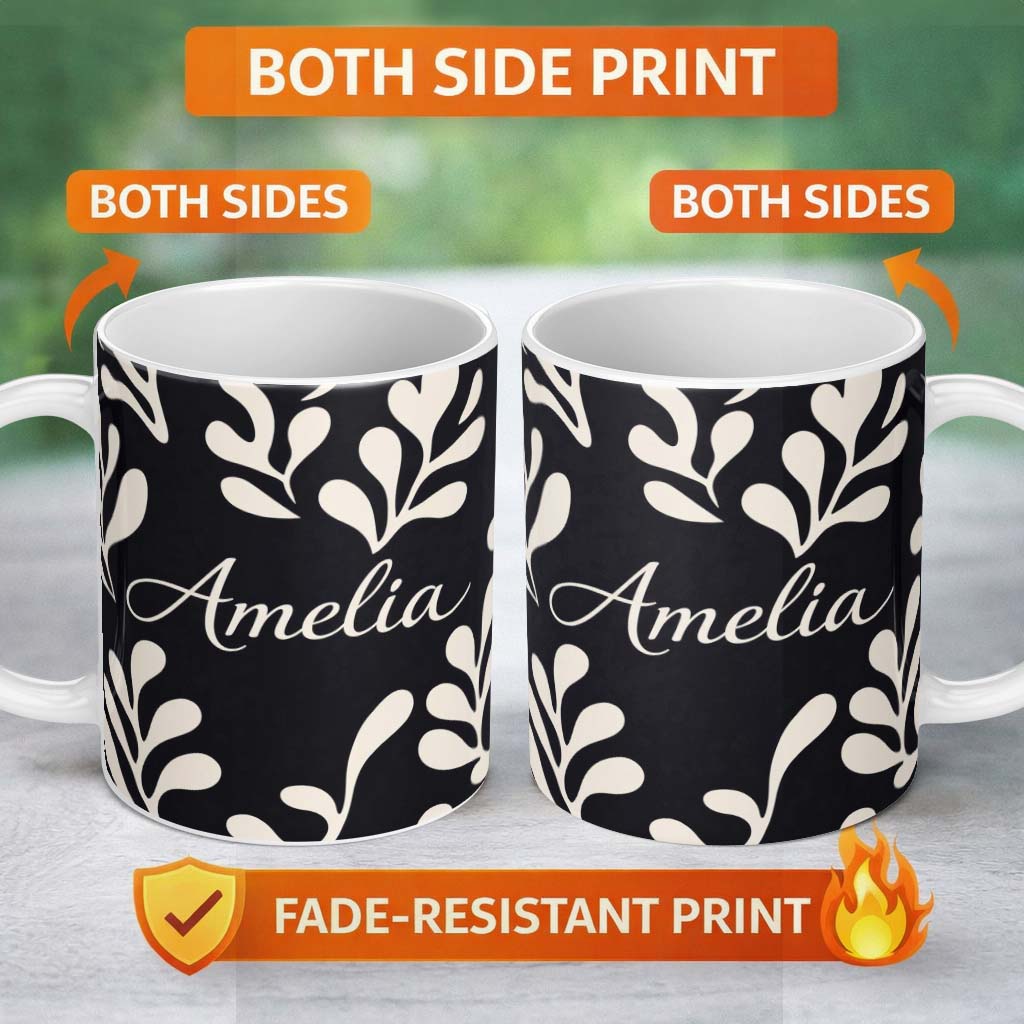 Personalized Custom Name Midnight Botanical Flow Black Cream Abstract Leaf Pattern Lovely 11oz Ceramic Coffee Tea Mug White Large Handle