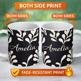 Personalized Custom Name Midnight Botanical Flow Black Cream Abstract Leaf Pattern Lovely 11oz Ceramic Coffee Tea Mug White Large Handle