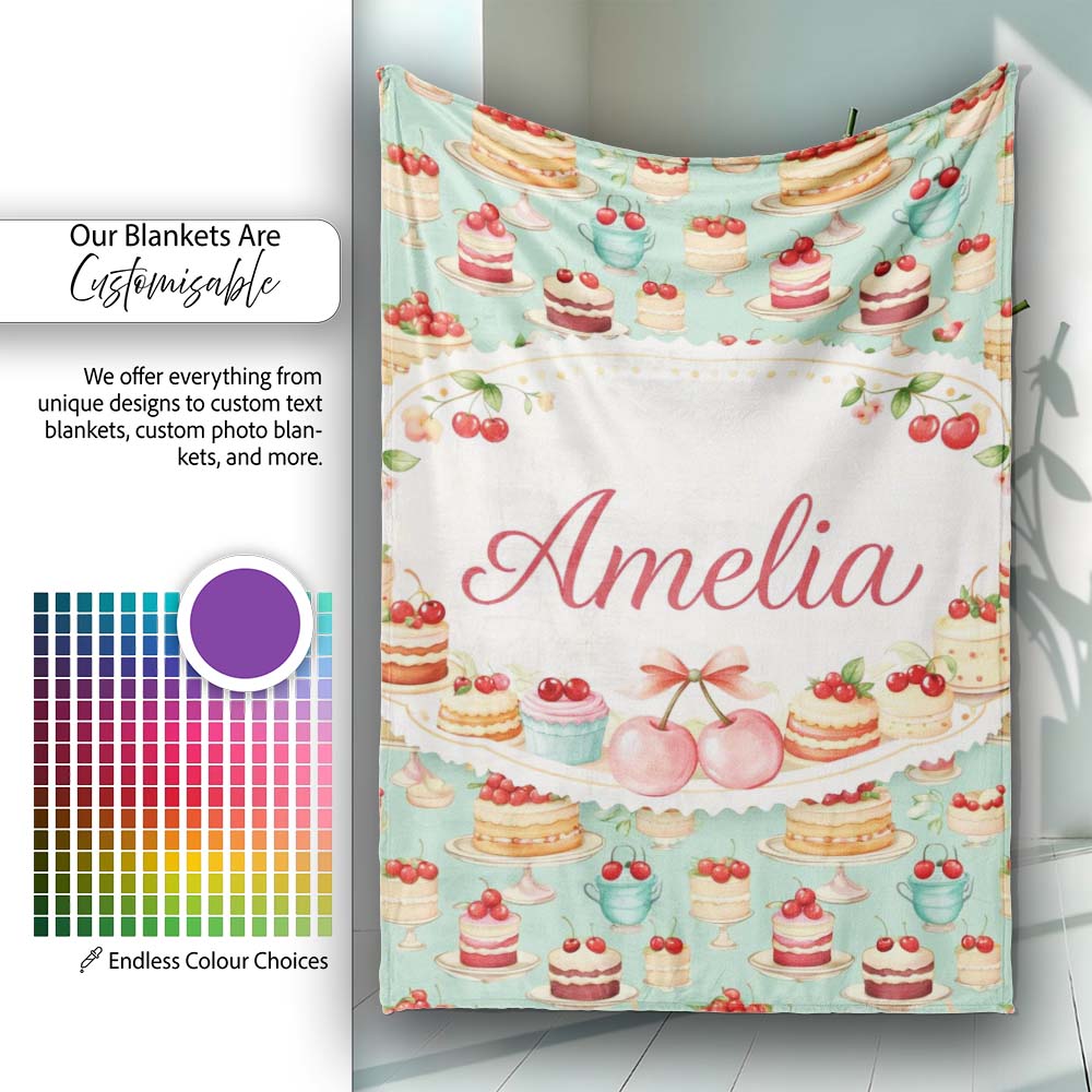 Cherry Chocolate Cake Seamless Teal Background Dessert Sweet Food  Personalised Custom Name Super Soft Fleece Blanket Bed Sofa Throw