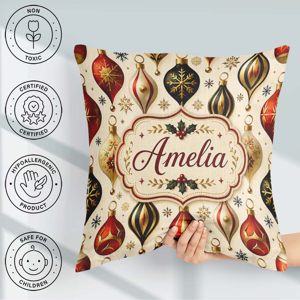 Custom Name Luxury Gold Black Christmas Baubles Elegant Seamless Square Filled Cushion Throw Pillow Sofa Bed Home Decor Zip Washable UK Made