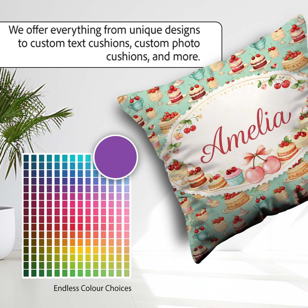 Custom Name Cherry Chocolate Cake Seamless Teal Background Sweet Square Filled Cushion Throw Pillow Sofa Bed Home Decor Zip Washable UK Made