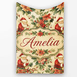 Vintage Santa Claus Holly Leaves Floral Christmas Seamless Pattern  Personalised Custom Name Super Soft Fleece Blanket Bed Sofa Throw