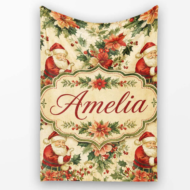 Vintage Santa Claus Holly Leaves Floral Christmas Seamless Pattern  Personalised Custom Name Super Soft Fleece Blanket Bed Sofa Throw