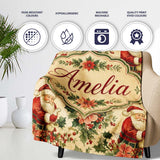 Vintage Santa Claus Holly Leaves Floral Christmas Seamless Pattern  Personalised Custom Name Super Soft Fleece Blanket Bed Sofa Throw