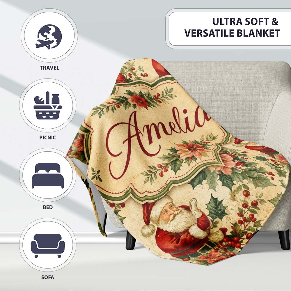 Vintage Santa Claus Holly Leaves Floral Christmas Seamless Pattern  Personalised Custom Name Super Soft Fleece Blanket Bed Sofa Throw