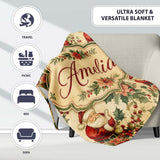 Vintage Santa Claus Holly Leaves Floral Christmas Seamless Pattern  Personalised Custom Name Super Soft Fleece Blanket Bed Sofa Throw