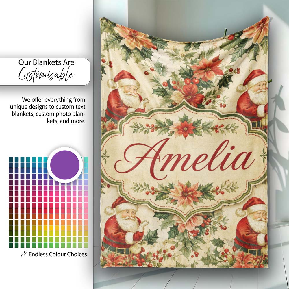 Vintage Santa Claus Holly Leaves Floral Christmas Seamless Pattern  Personalised Custom Name Super Soft Fleece Blanket Bed Sofa Throw