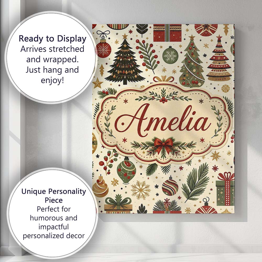 Personalised Name Scandinavian Christmas Custom  Unique Gift Idea Elegant Feature Canvas Wall Art Print Decor Picture Ready to Hang
