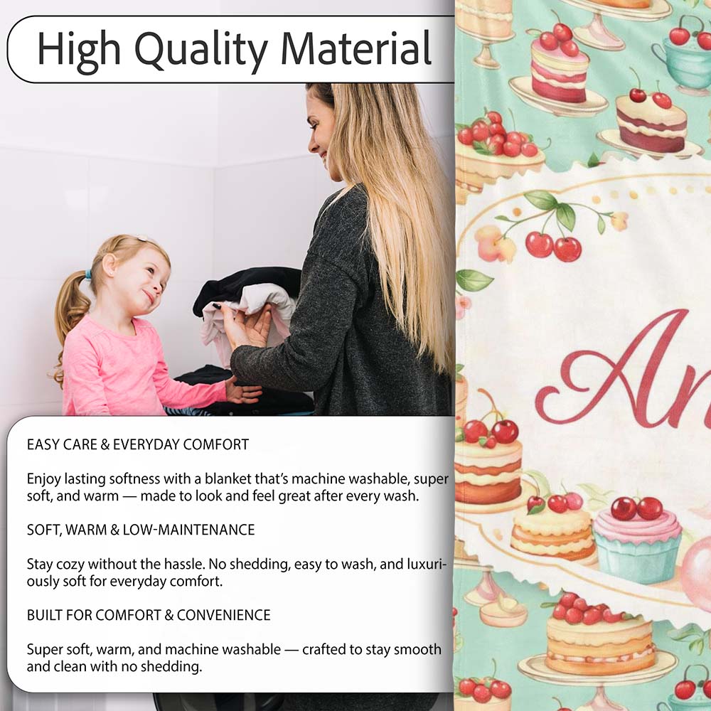Cherry Chocolate Cake Seamless Teal Background Dessert Sweet Food  Personalised Custom Name Super Soft Fleece Blanket Bed Sofa Throw