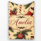 Classic Christmas Stocking Holly Pine Branch Candy Cane Seamless  Personalised Custom Name Super Soft Fleece Blanket Bed Sofa Throw