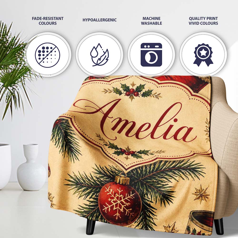 Classic Christmas Stocking Holly Pine Branch Candy Cane Seamless  Personalised Custom Name Super Soft Fleece Blanket Bed Sofa Throw